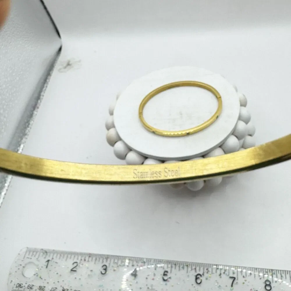 2 Gold Tone Bangle Bracelets With Rhinestone Details Stainless Steel Hinged